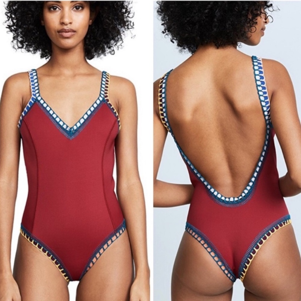 KIINI Red/Multicolored Soley Scoop Back Maillot Crochet One Piece Swimsuit NWT M